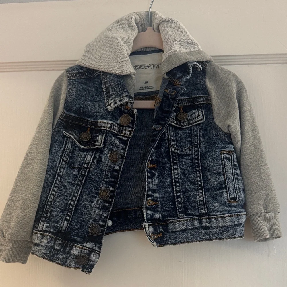 Tucker + Tate Hooded Denim Jacket Gray Knit Sleeves 18M